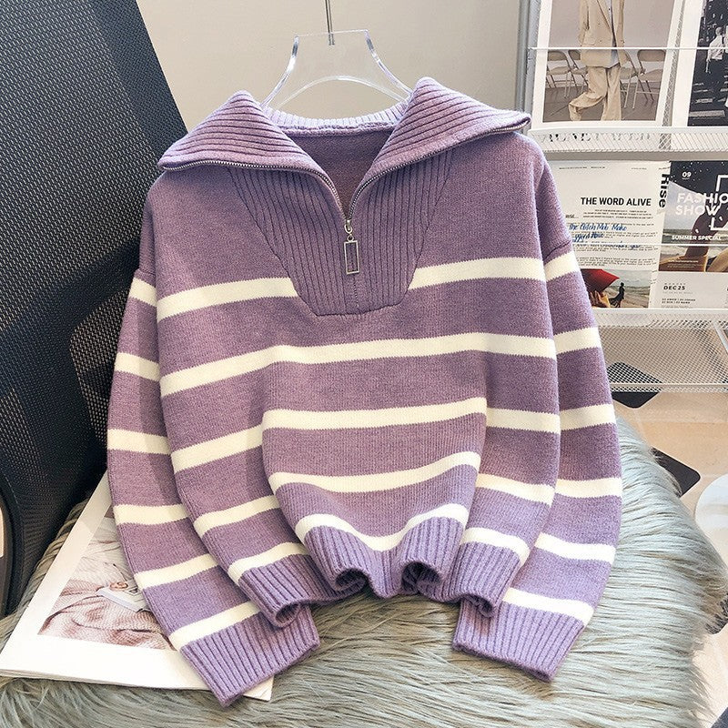 Women's Half-Zip Striped Knit Sweater – Oversized Fit, Cotton Blend-71079-9af0f35d-dd17-49f6-9d9e-e43c15128869