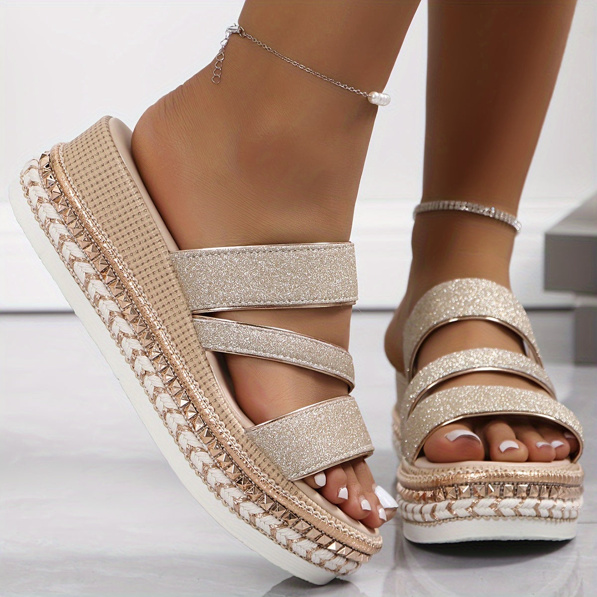 Women's Beige Platform Sandals – Glitter Strap, Woven Edge, Open Toe Design-81380-9b66024c-d180-46d2-859c-6e4f34e44c67
