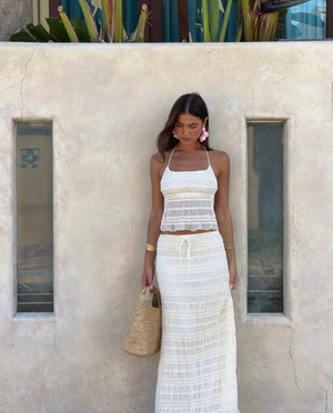 Women's Two-Piece Halter Top & Midi Skirt Set – Gathered Texture, Drawstring Waist-83709-9c1670c4-0d8c-4203-ae15-60df4aa98122