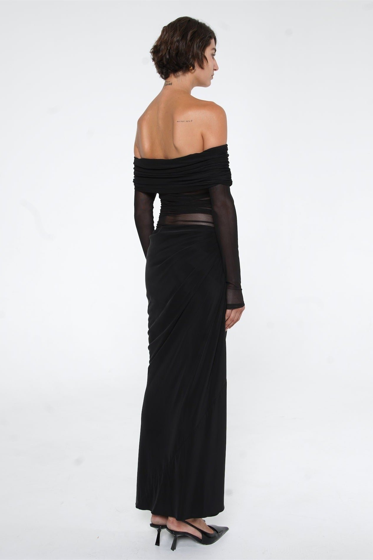 Women's Sheer Mesh Off-Shoulder Maxi Dress - Draped Skirt, Ruched Bodice, Black/Olive Green-81020-9c376eab-47a8-46be-b337-c7ad74c243d4