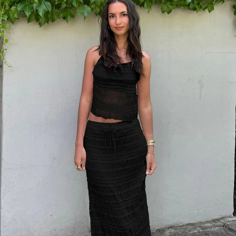 Women's Two-Piece Halter Top & Midi Skirt Set – Gathered Texture, Drawstring Waist-83709-9c3963aa-24fb-46ce-80dd-38ea5f0c46b3