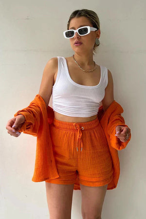 Women's Gauze Button-Down Shirt & Drawstring Shorts Set - Relaxed Fit, Multiple Colors-83244-9c80baf6-d955-48ae-978b-d02ff5156f10