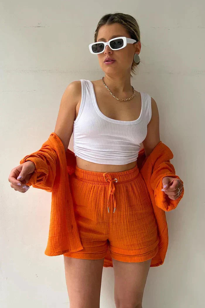 Women's Gauze Button-Down Shirt & Drawstring Shorts Set - Relaxed Fit, Multiple Colors-83244-9c80baf6-d955-48ae-978b-d02ff5156f10