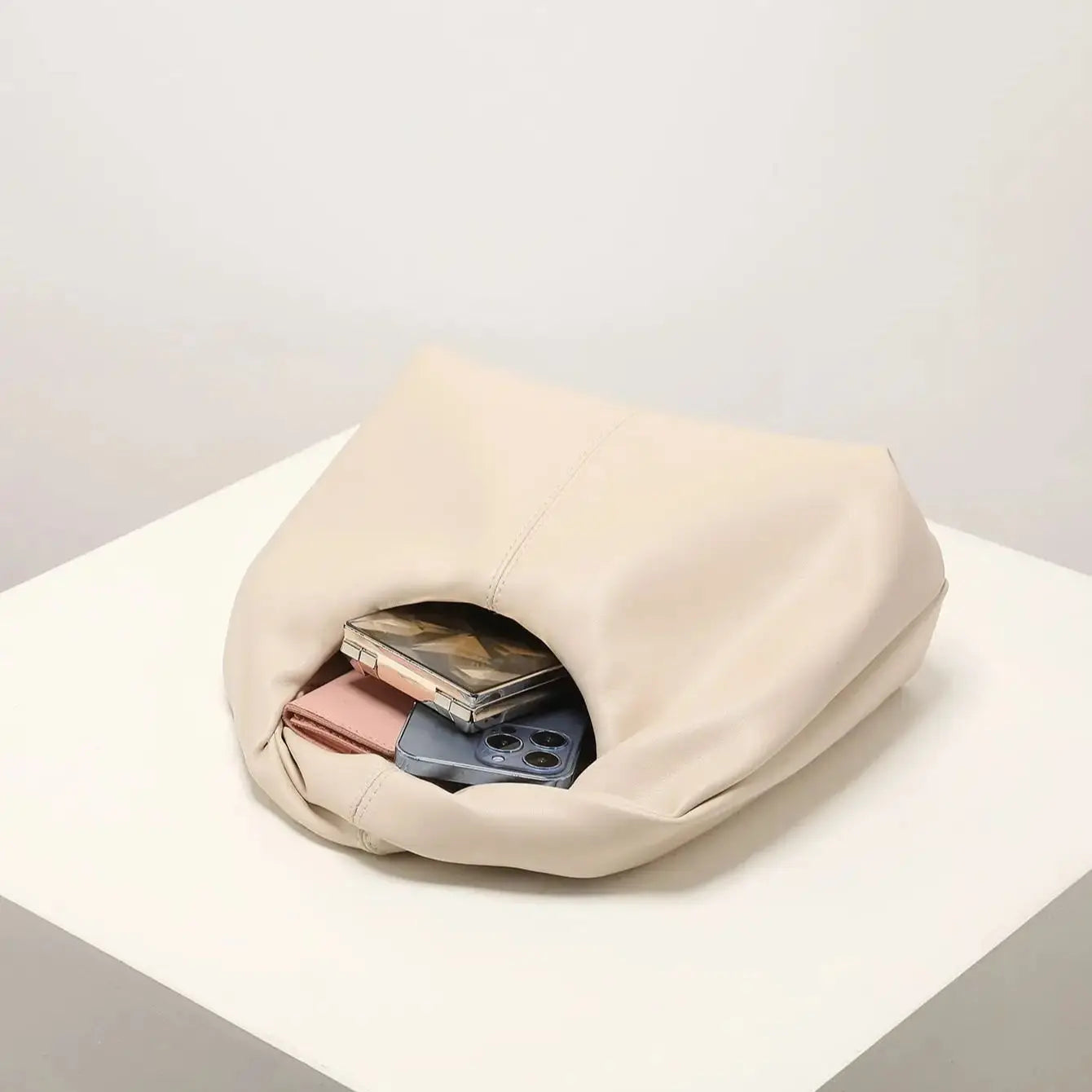 Women's Handbag – Knotted Handle, Rounded Silhouette, Smooth Finish, Beige Black Brown-77226-9cbd39ca-75d9-48f3-9046-7db57353873d