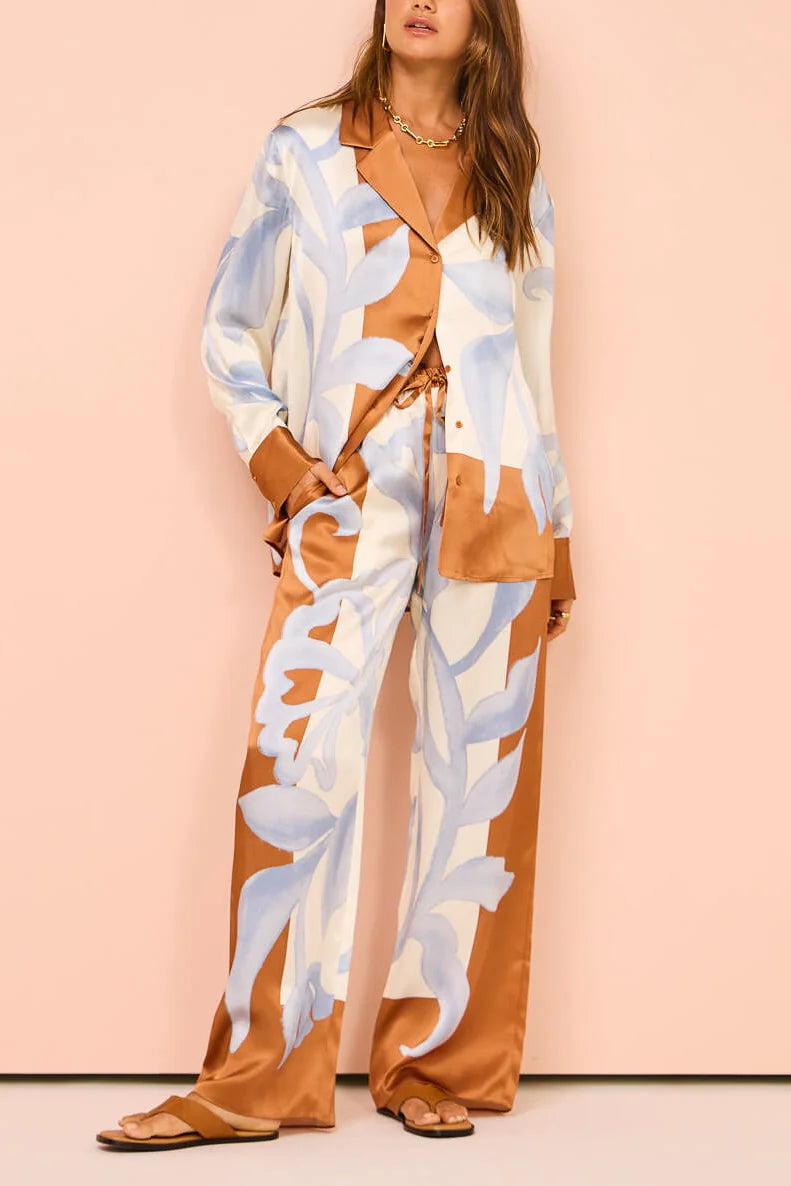 Women's Cream Silk Satin Pajama Set – Floral Print, Wide-Leg Pants, Button-Down Shirt-80025-9cfa8ebb-b07c-46bc-b71b-abf05000649c