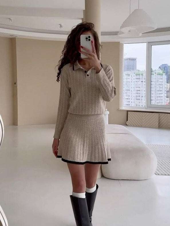 Women's Ribbed Knit Suit & Dress – Gray/Beige, Polo Collar, Flared-77611-9f2d0323-90ed-411c-9662-5ace872210f2