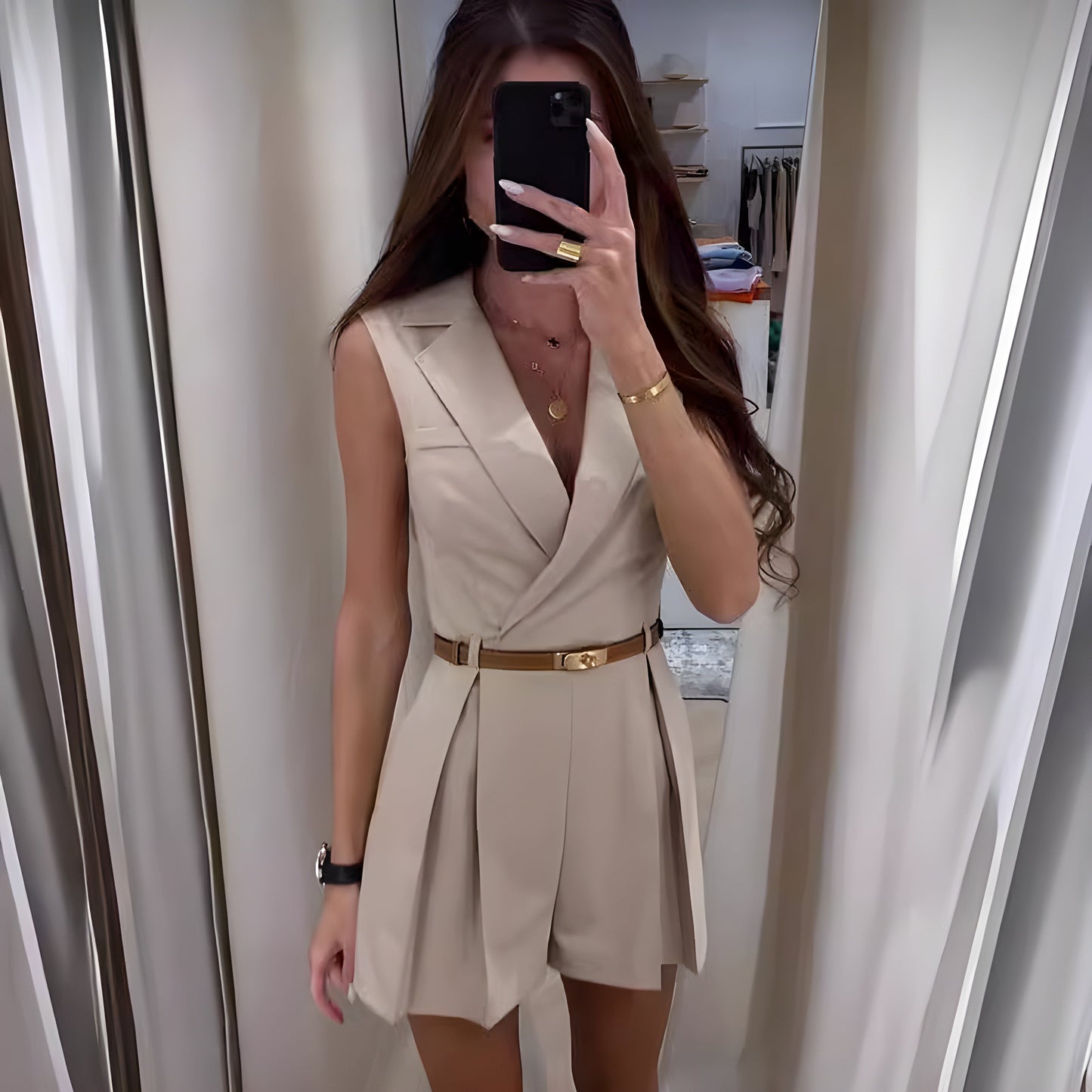 Women's Beige Tailored V-Neck Pleated Sleeveless Dress-77224-9f727721-bab8-4d20-8900-0a811d84c51e