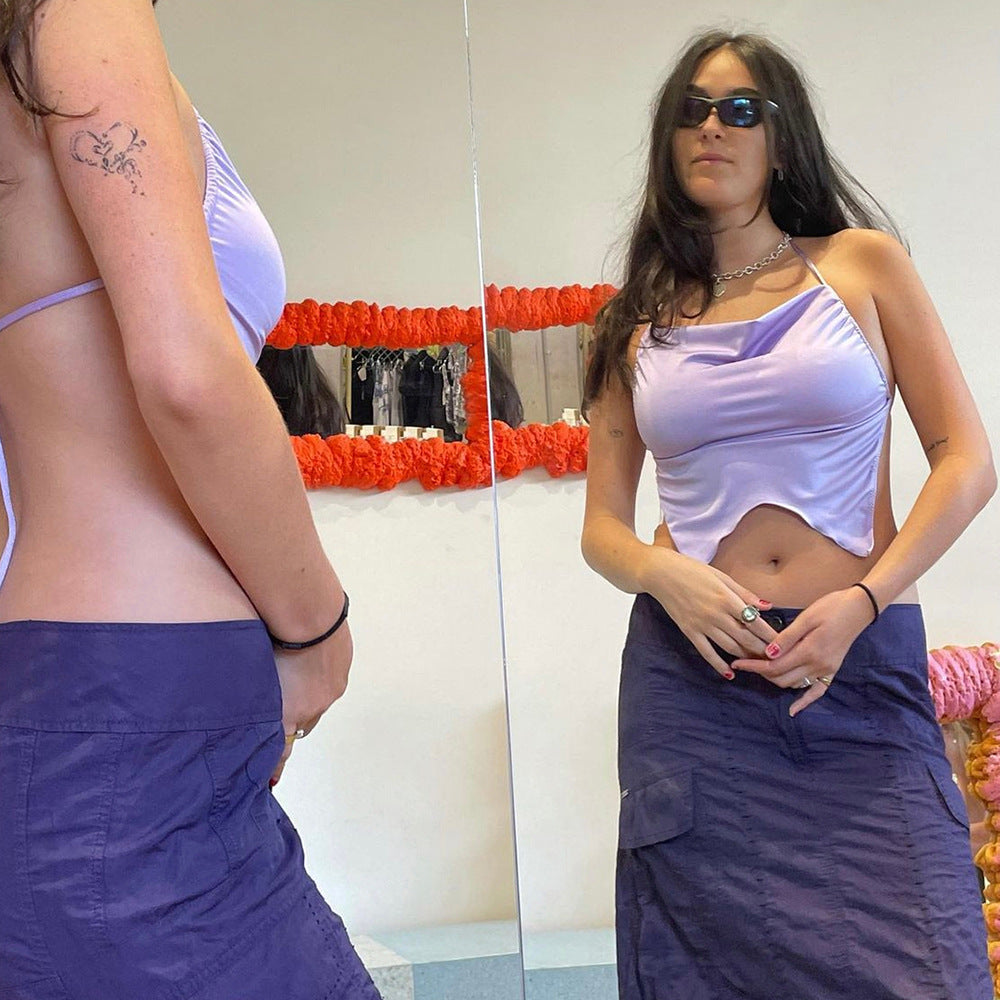 Women's Silk Halter Top & Ruched Mini Skirt Set - Lavender, Asymmetrical Hem-79015-9fd6d0b9-2f4c-4c51-9532-c397d3190d5d