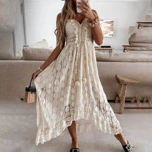 Women's White Lace Midi Dress – V-Neck, Asymmetrical Hem, Bohemian Style-53179-3610e1cd-cf63-4c85-a72d-130c7a0df860