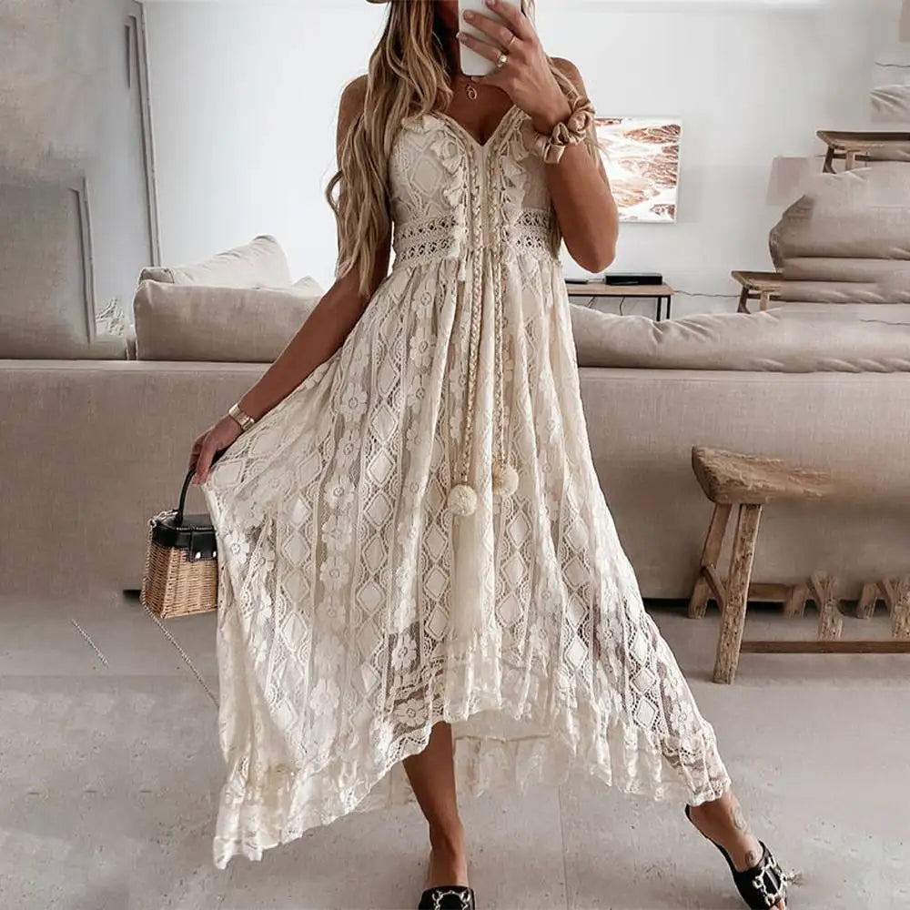 Women's White Lace Midi Dress – V-Neck, Asymmetrical Hem, Bohemian Style-53179-3610e1cd-cf63-4c85-a72d-130c7a0df860