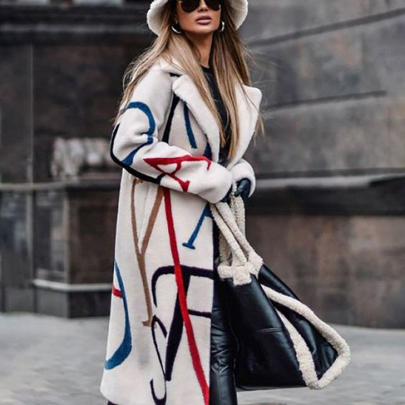 Women's Cream Wool Blend Coat – Bold Lettering, Relaxed Fit, Oversized Sleeves, Modern Style-55072-59499662049623