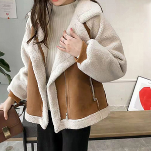 Women's Two-Tone Faux Shearling Coat – Suede-Like, Wide Lapel Collar-50497-df5d1547-0039-4389-b3d9-6fb885bc9f9b