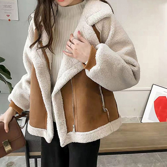 Women's Two-Tone Faux Shearling Coat – Suede-Like, Wide Lapel Collar-50497-df5d1547-0039-4389-b3d9-6fb885bc9f9b