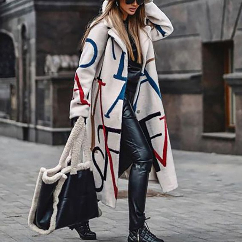 Women's Cream Wool Blend Coat – Bold Lettering, Relaxed Fit, Oversized Sleeves, Modern Style-55072-59499662016855