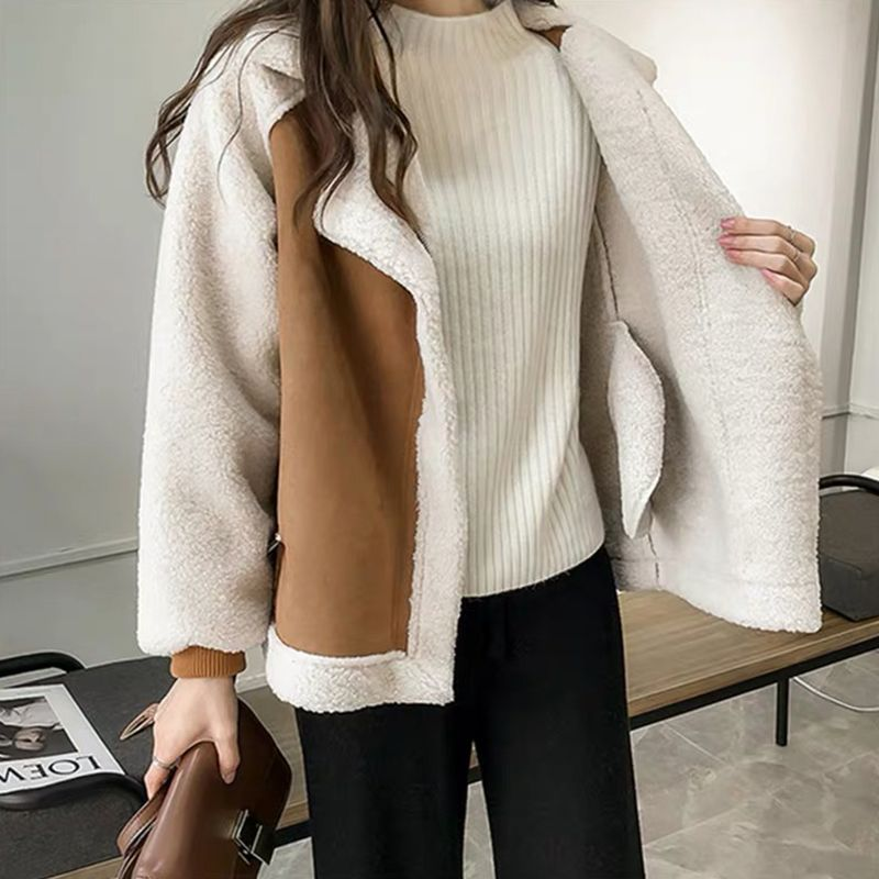 Women's Two-Tone Faux Shearling Coat – Suede-Like, Wide Lapel Collar-50497-33276c80-6464-4c6c-b079-94036657b760