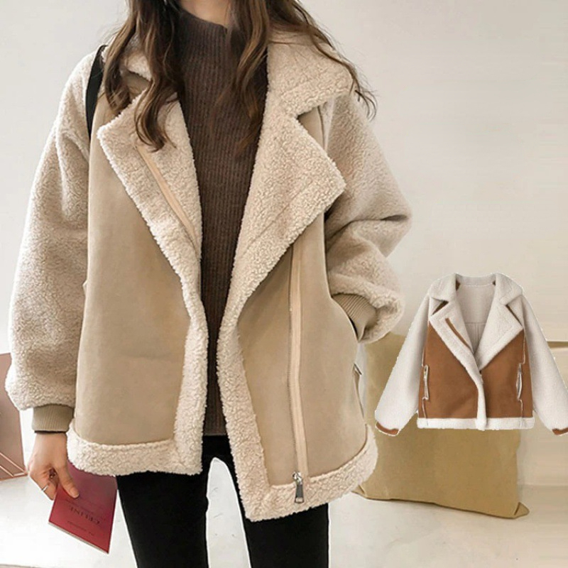 Women's Two-Tone Faux Shearling Coat – Suede-Like, Wide Lapel Collar-50497-81840c9e-7d9e-4d2a-9390-739ba8acf44d