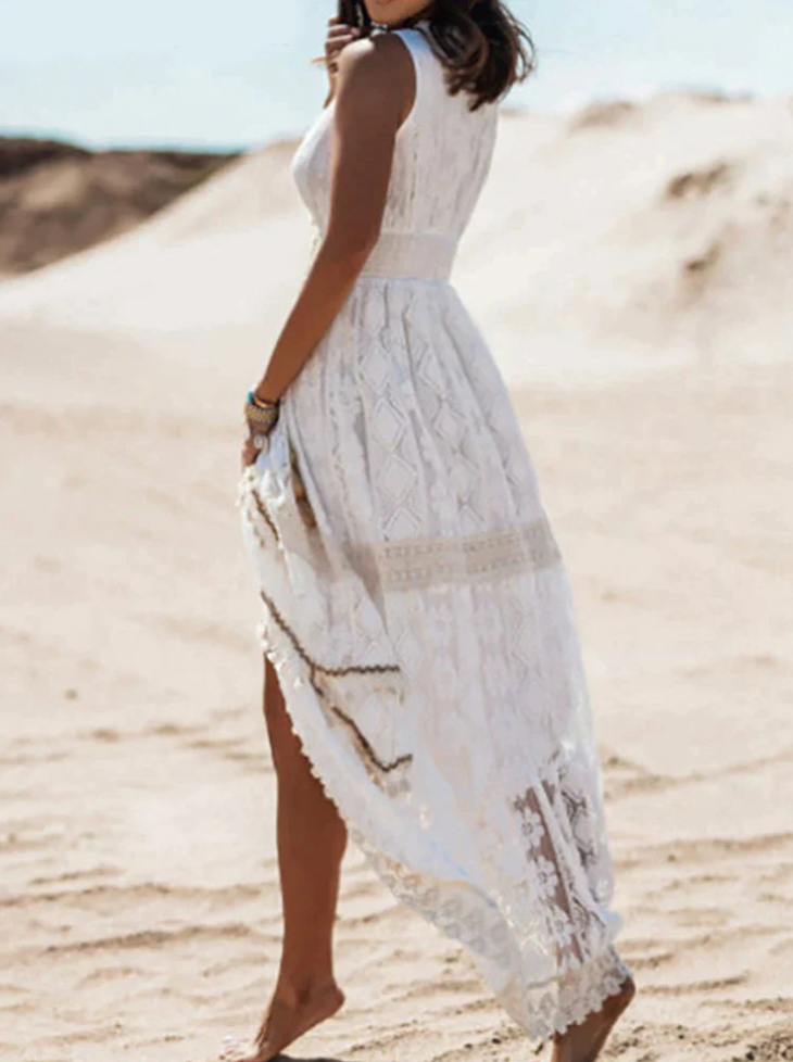 Women's White Lace Midi Dress – V-Neck, Asymmetrical Hem, Bohemian Style-53179-5fd53337-2f52-461c-a2cd-3a65f469a0a9