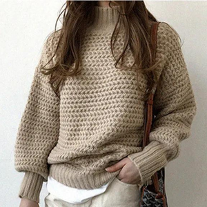 Women's Chunky Knit Turtleneck Top 
– Oversized Sleeves, Ribbed Cuffs, Off-White Casual Style-54883-58562561605962