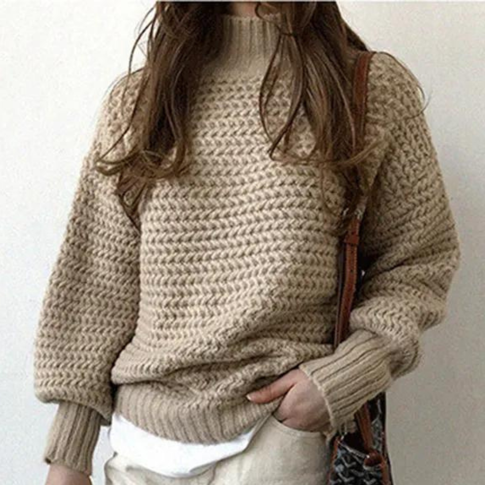 Women's Chunky Knit Turtleneck Top 
– Oversized Sleeves, Ribbed Cuffs, Off-White Casual Style-54883-58562561605962