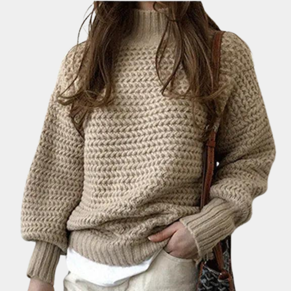 Women's Chunky Knit Turtleneck Top 
– Oversized Sleeves, Ribbed Cuffs, Off-White Casual Style-54883-58562562392394