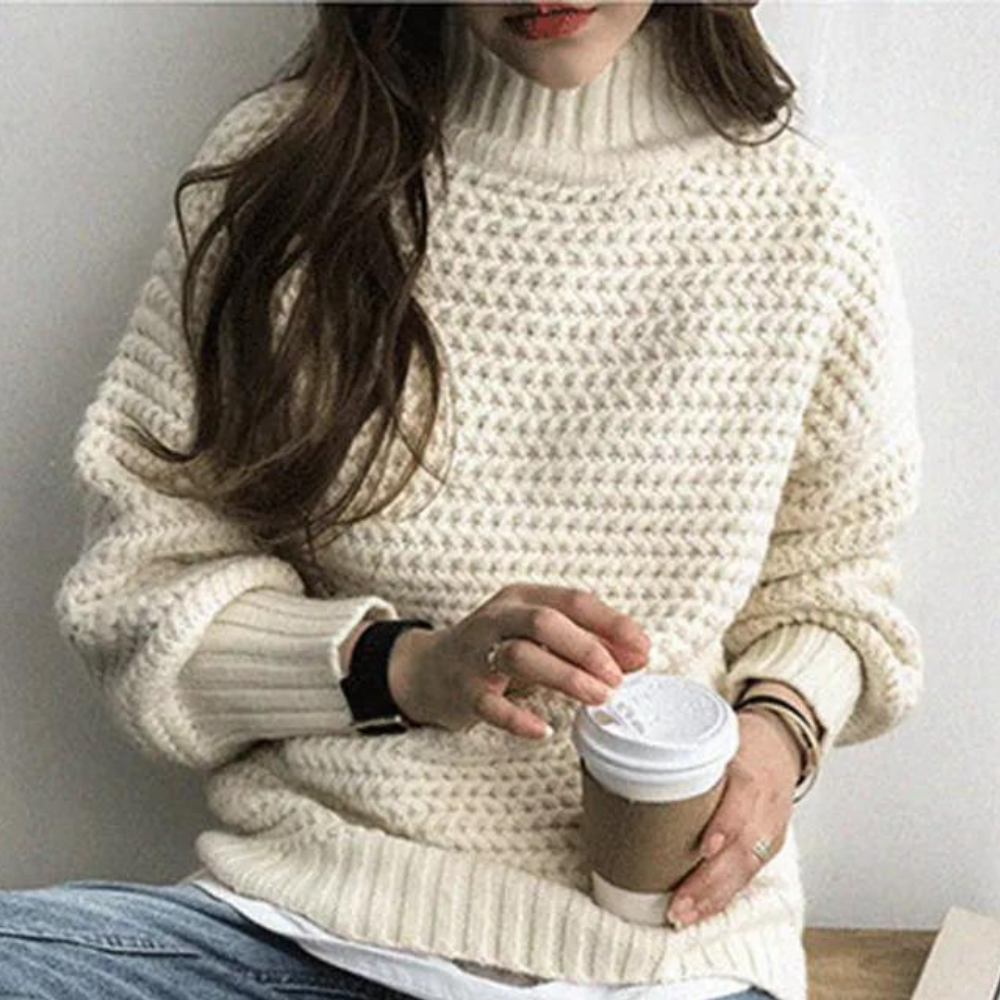 Women's Chunky Knit Turtleneck Top 
– Oversized Sleeves, Ribbed Cuffs, Off-White Casual Style-54883-58562561016138