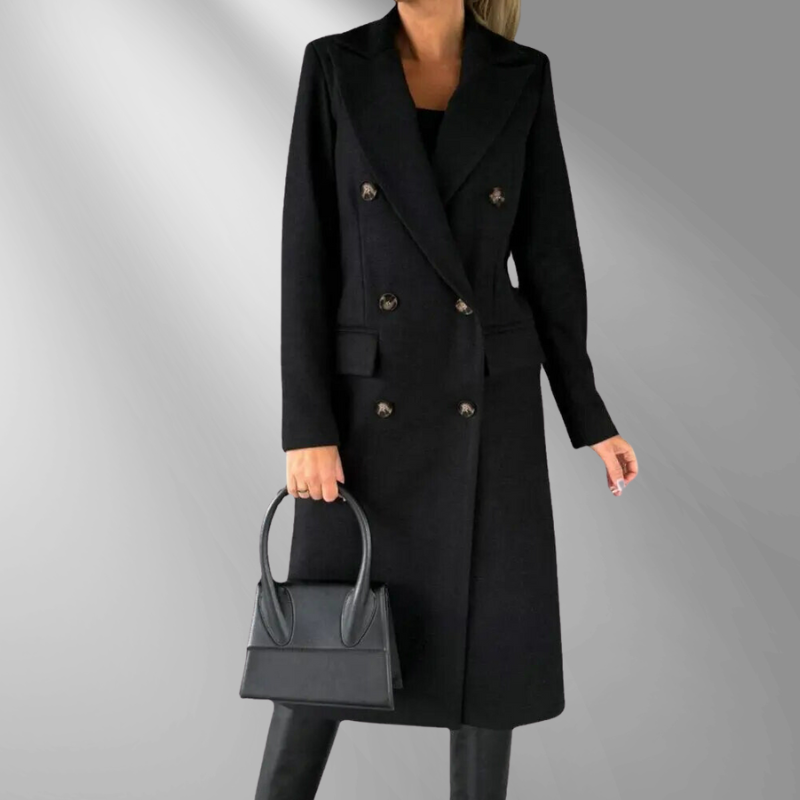 Women's Double-Breasted Tailored Wool Blend Coat with Structured Lapels, Gray, Camel, Black-55035-59519544426839