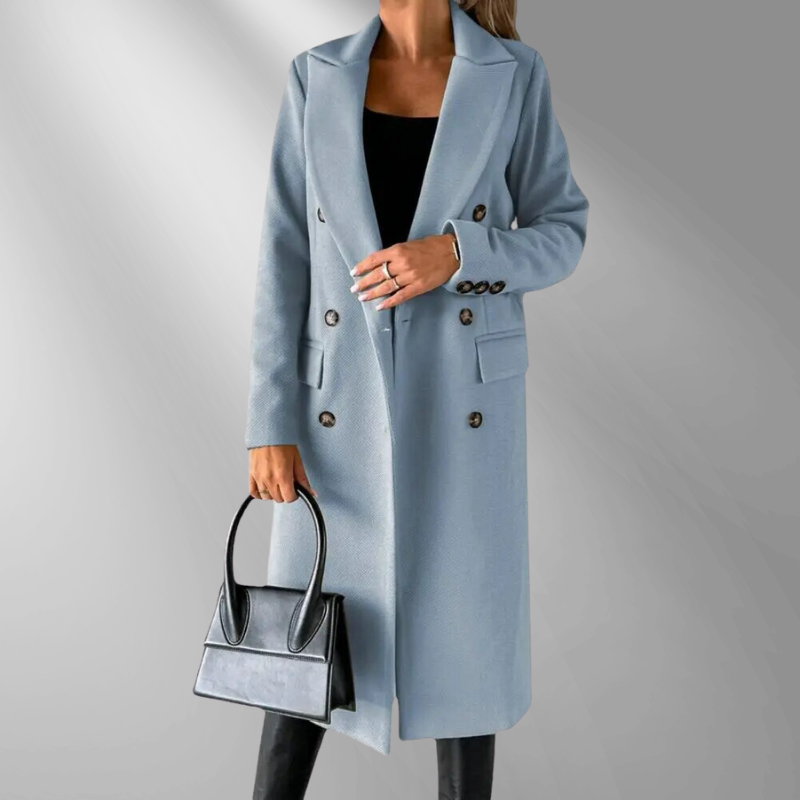 Women's Double-Breasted Tailored Wool Blend Coat with Structured Lapels, Gray, Camel, Black-55035-59519544492375