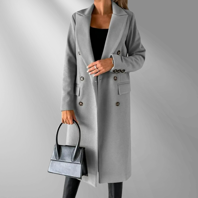 Women's Double-Breasted Tailored Wool Blend Coat with Structured Lapels, Gray, Camel, Black-55035-59519544394071