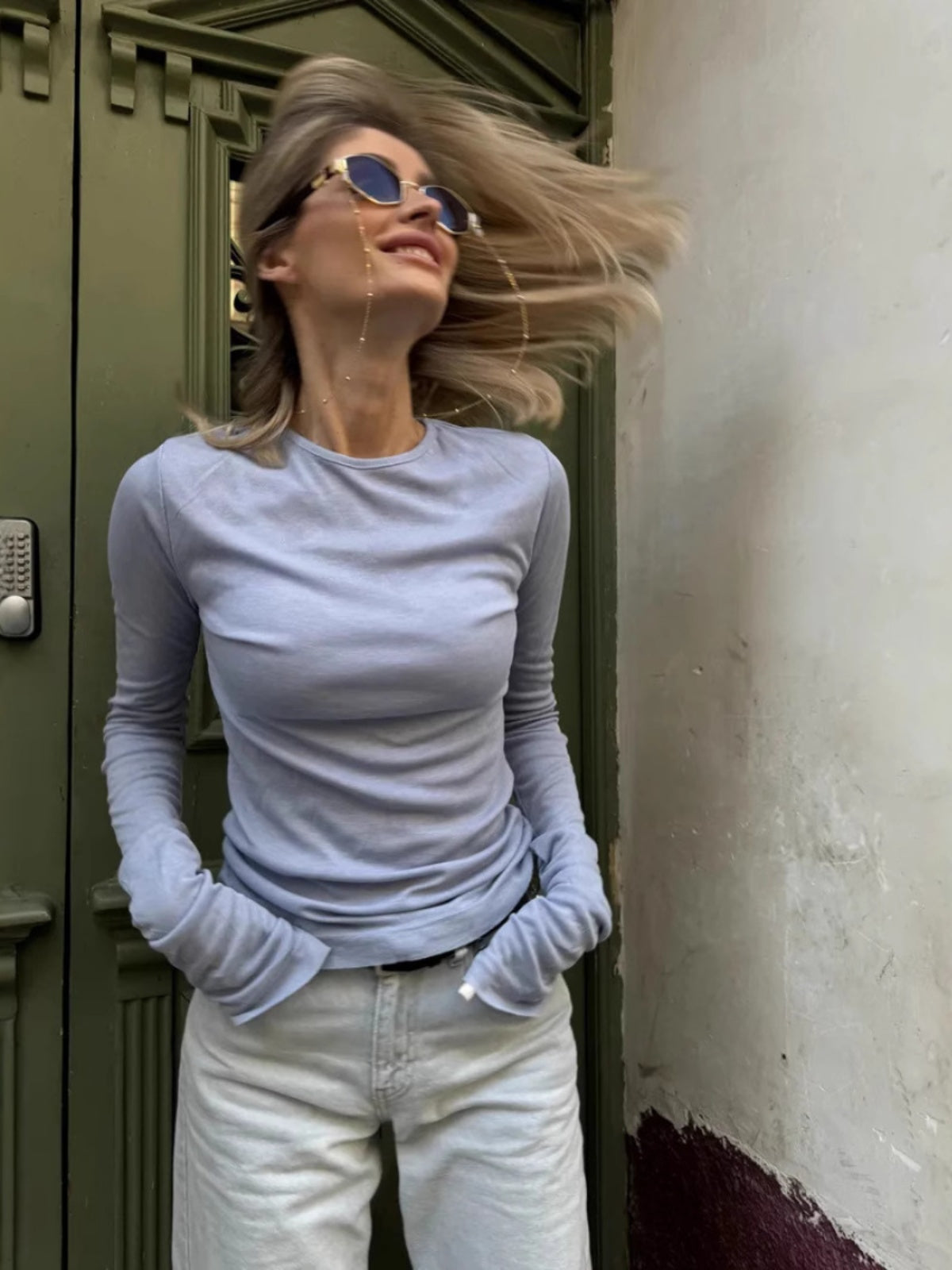 Women's Light Blue Long Sleeve Top - Slim Fit, Crew Neck, Lightweight Pastel-78916-a0d2812a-8249-4a50-916b-49c7d55c2c32