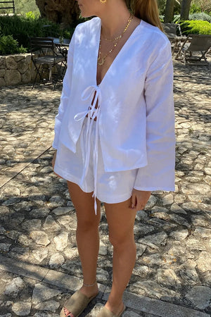 Women's Linen Two-Piece Outfit – Long Sleeve Tie-Front Top & Elastic Waist Shorts, Relaxed Fit-83296-a10f04bf-769e-4a13-b329-81119069d0ce