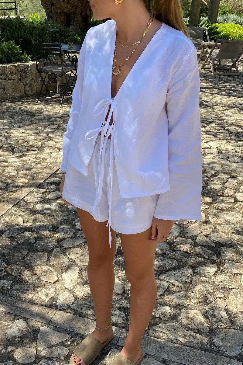 Women's Linen Two-Piece Outfit – Long Sleeve Tie-Front Top & Elastic Waist Shorts, Relaxed Fit-83296-a10f04bf-769e-4a13-b329-81119069d0ce