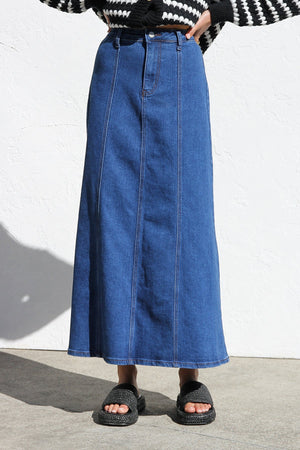 Women's Blue Denim Midi Skirt – Straight Fit, Vertical Seams, Cotton-80380-a30359e9-f5d8-48ec-9ed5-827843e5ef15