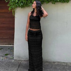 Women's Two-Piece Halter Top & Midi Skirt Set – Gathered Texture, Drawstring Waist-83709-a323052d-3b6e-4a62-8c6e-5b1b55529f16