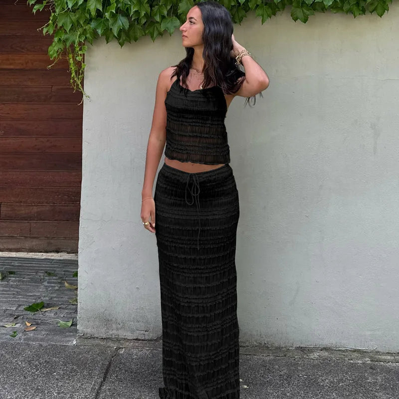 Women's Two-Piece Halter Top & Midi Skirt Set – Gathered Texture, Drawstring Waist-83709-a323052d-3b6e-4a62-8c6e-5b1b55529f16