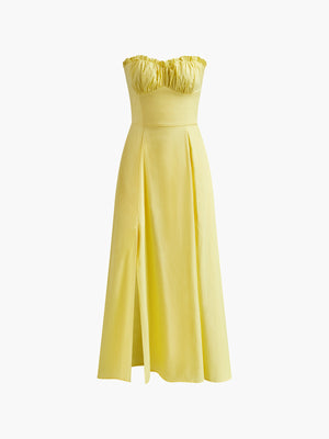 Women's Yellow Strapless Dress – Ruffled Neckline, A-Line, Side Slit-77076-a32a956c-ac32-486d-8cee-42b6fb012a30