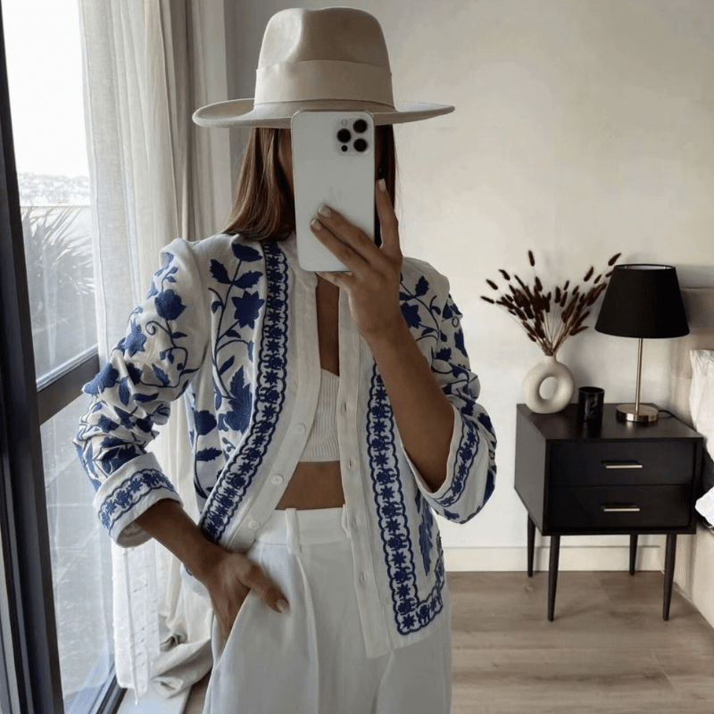 Women's White Cotton Jacket – Blue Embroidered Floral, Relaxed Fit, Flared Sleeves, Bohemian Style-67638-a44944c4-0aab-4d23-a892-23c834e4c415