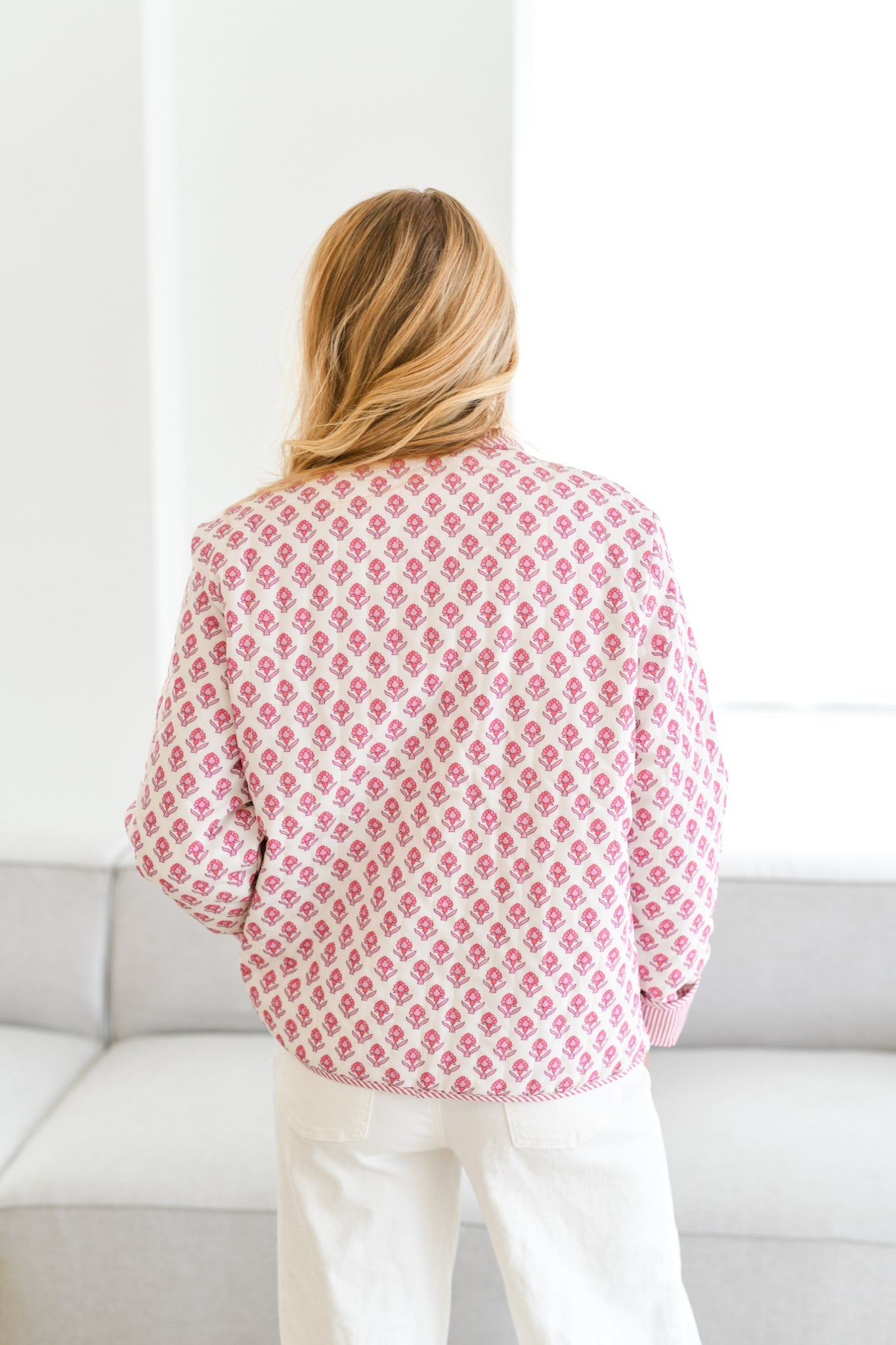 Women's Pink Floral Button-Down Top - Striped Trim, Long Sleeve, Cotton Blend, Relaxed Fit, Bohemian Style-80624-a731d798-1e96-4a2f-be35-ccb02506b02e
