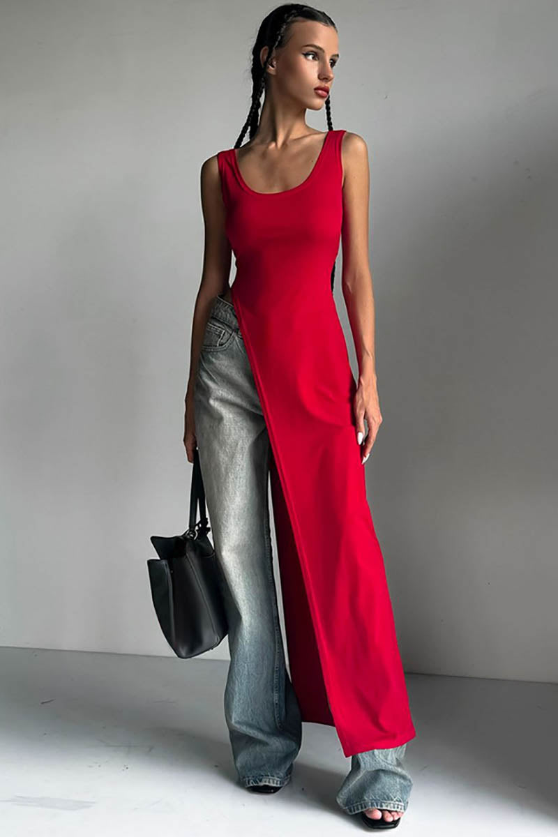 Women's Sleeveless Slit Top – Asymmetrical Hem, Fitted, Black, Red, White-81088-a858f131-3043-4c66-b754-e738a9d69038