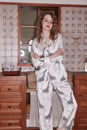 Women's Satin Pajama Set – White Giraffe Print, Notched Collar, Relaxed Fit-79968-a94c6ca5-09c3-40aa-9622-ca6f85582db5