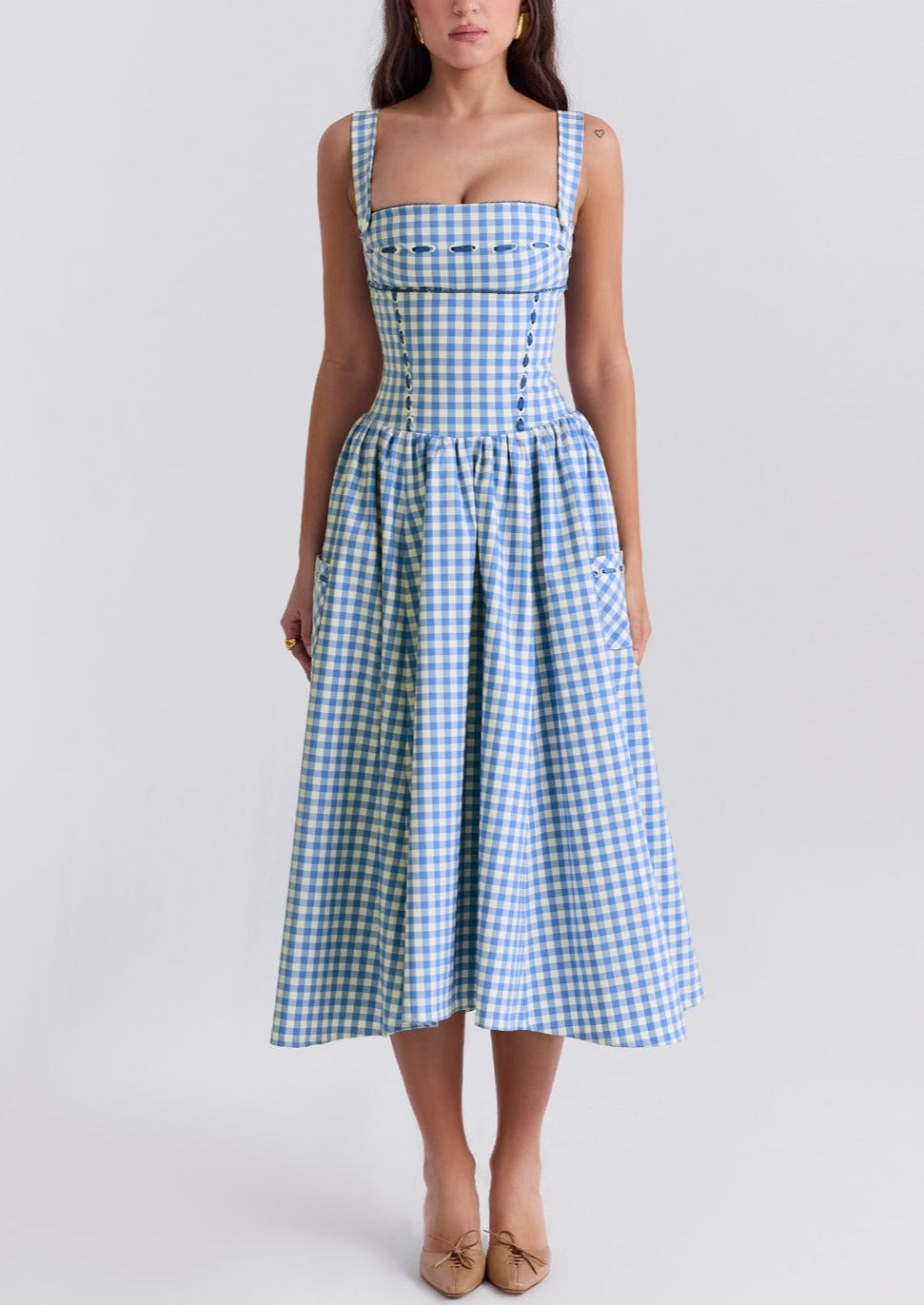 Women's Gingham Dress – Square Neck, Button Front, Classic Summer Style-83592-ab2e9f93-3668-4e03-970a-c69268dabf41