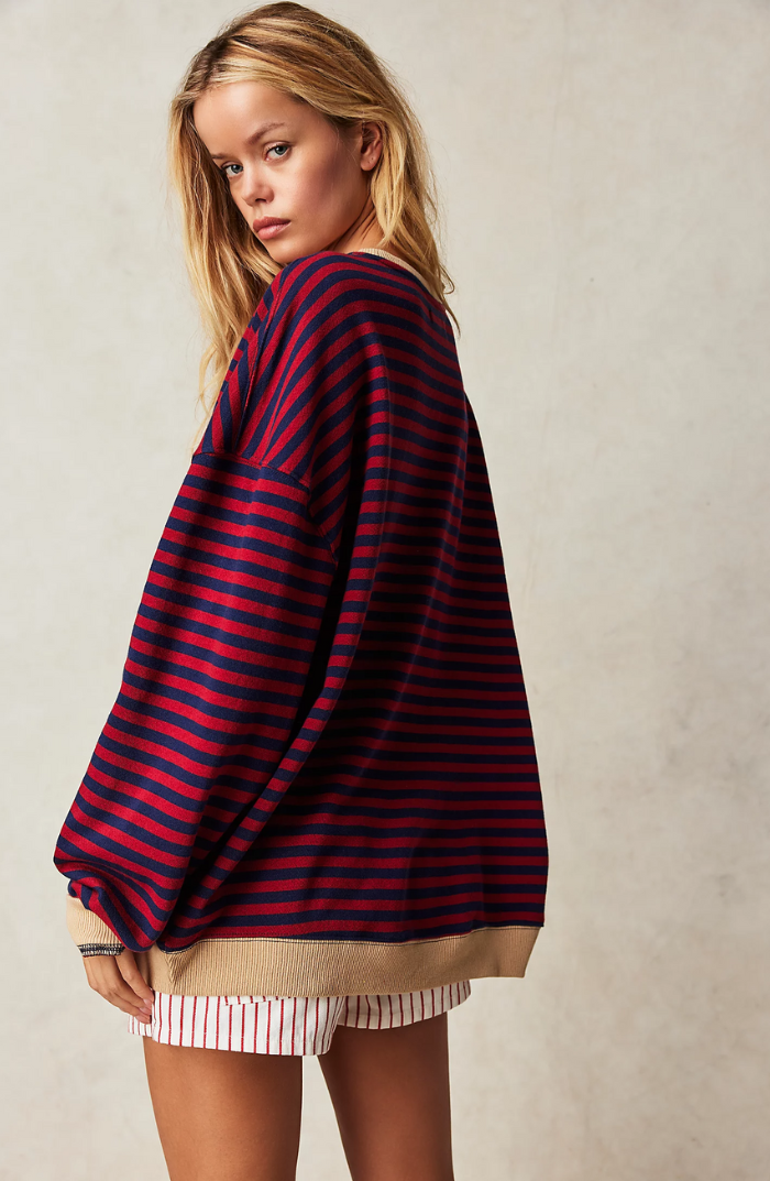 Women's Striped Knit Sweatshirt - Oversized, Long Sleeve, Contrast Trim-81356-ab3728f8-726d-42f7-bd11-8574774a6e9b