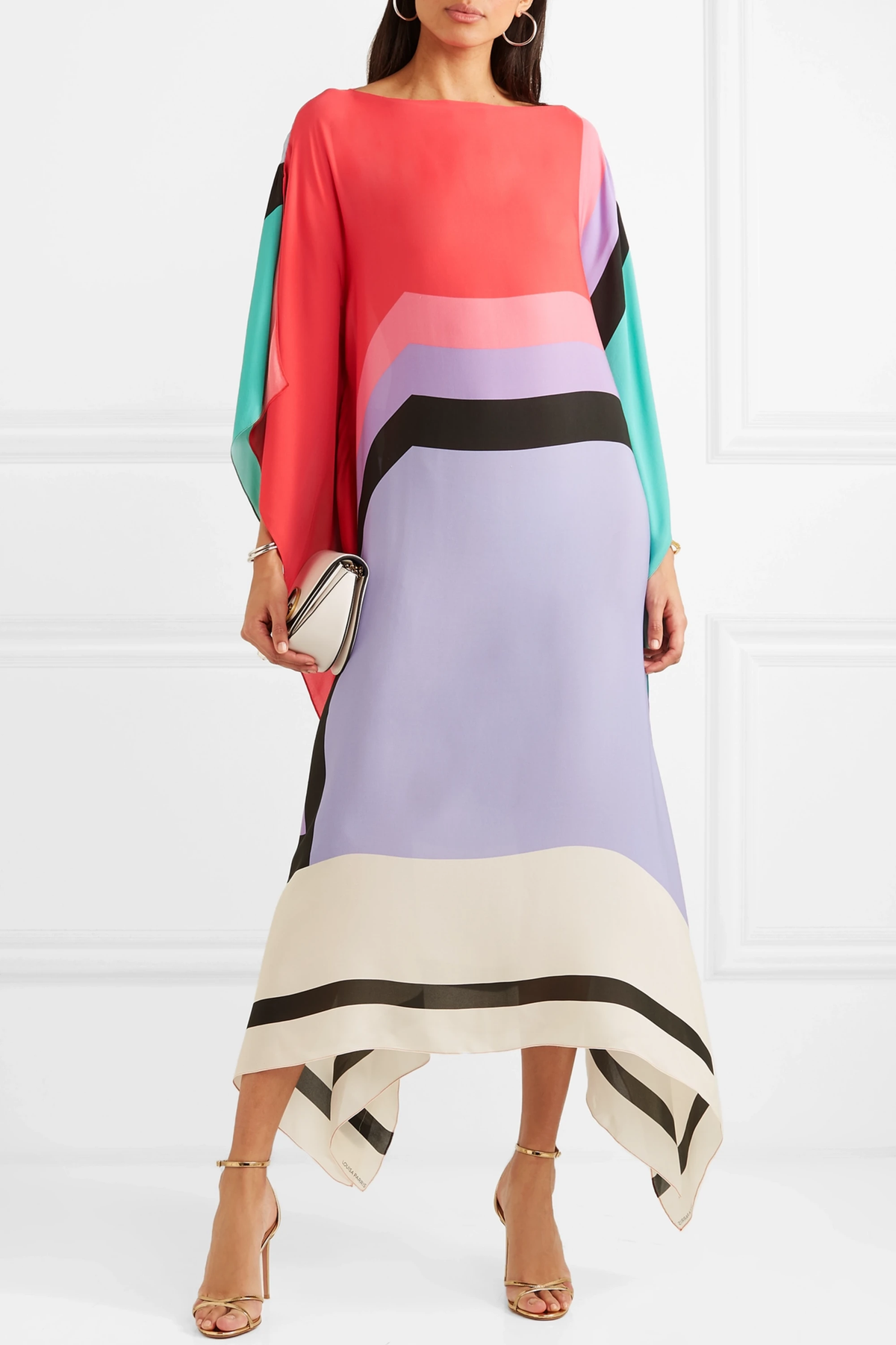 Women's Color-Block Caftan Midi Dress – Silk Blend, Asymmetrical Hem-83243-ab60401f-2e52-4eda-8063-80a19b4ccae9