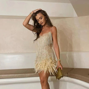 Women's Mini Dress – Fringe Detail Feather Trim Spaghetti Strap-83329-ab802f88-9977-4ae8-b9a9-ed872014d152