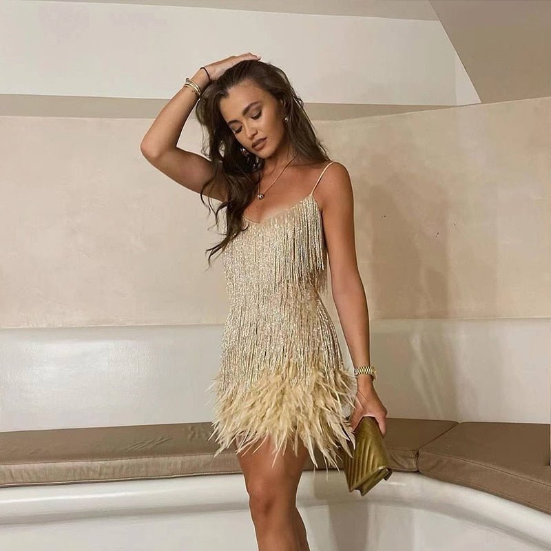 Women's Mini Dress – Fringe Detail Feather Trim Spaghetti Strap-83329-ab802f88-9977-4ae8-b9a9-ed872014d152