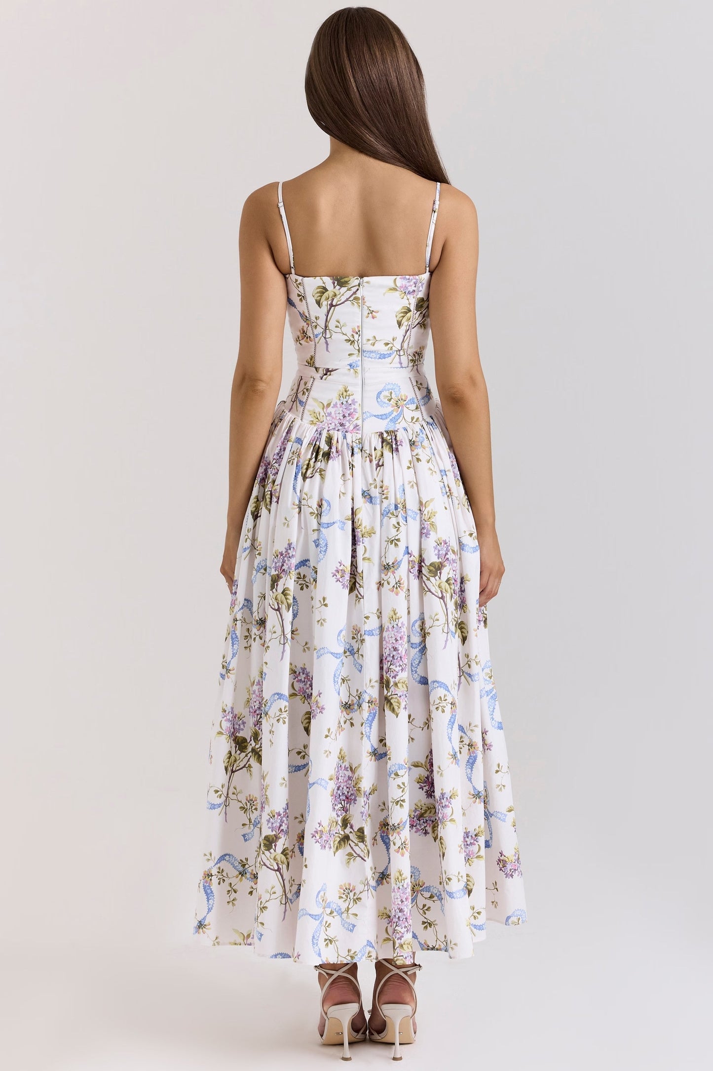 Women's Floral Maxi Dress – White Lightweight Fabric, Fitted Bodice, A-Line Skirt-83226-adfe9017-d792-4bbb-a138-de3bff17a9b7