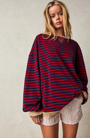 Women's Striped Knit Sweatshirt - Oversized, Long Sleeve, Contrast Trim-81356-aebf5f10-3072-4a11-96e0-08db4cabaf44