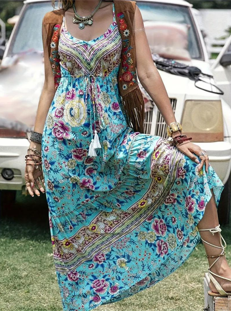 Women's Turquoise Floral Maxi Dress – Bohemian Tiered V-Neck Cotton Blend-82613-aed29028-9e86-4bb0-b7ea-fead64b3d6d4