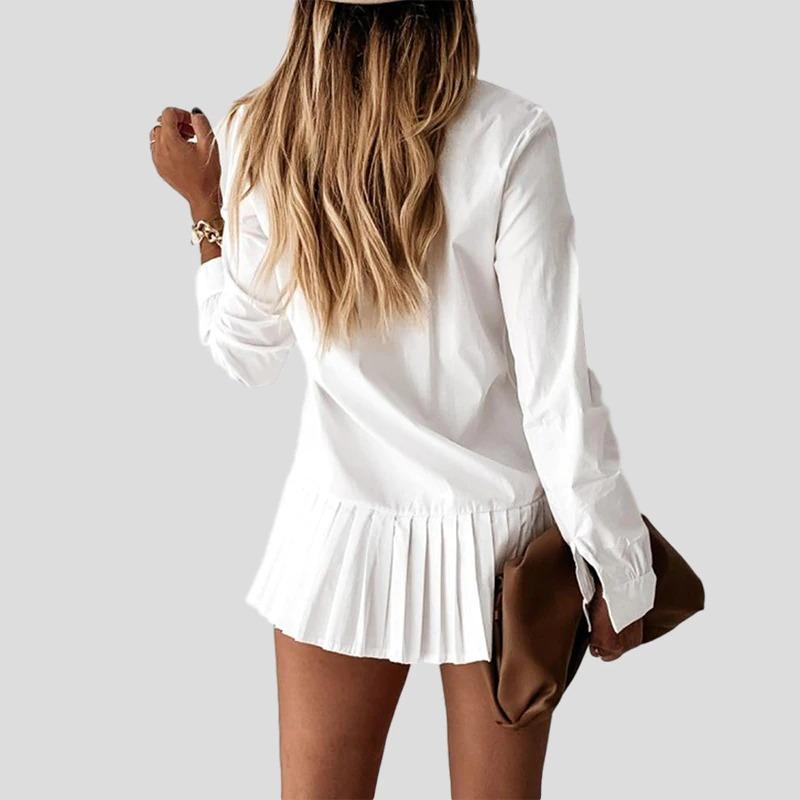 Women's Shirt Dress – Button-Down, Pleated Skirt, Long Sleeve, Cotton Blend, Black White Beige-77166-af2b5d55-6fd6-4e1f-9362-48c7ac7d84cf