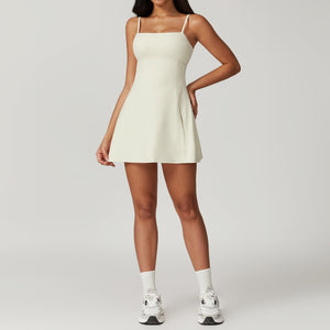 Women's Active A-Line Dress – Square Neck, Built-in Shorts, Side Slit, Polyester Spandex, Athleisure Style-79510-afe7c84a-3aa1-4eac-b5f5-fd01c3e9ccdf