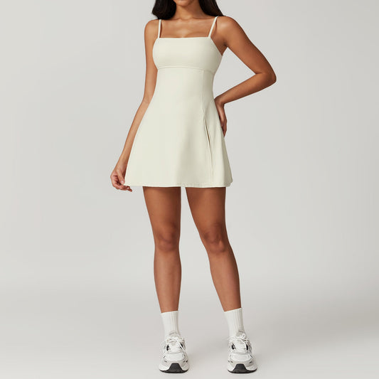 Women's Active A-Line Dress – Square Neck, Built-in Shorts, Side Slit, Polyester Spandex, Athleisure Style-79510-afe7c84a-3aa1-4eac-b5f5-fd01c3e9ccdf